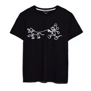 Zara X Disney Mickey and Pluto Graphic Short Sleeve T Shirt Black Small
